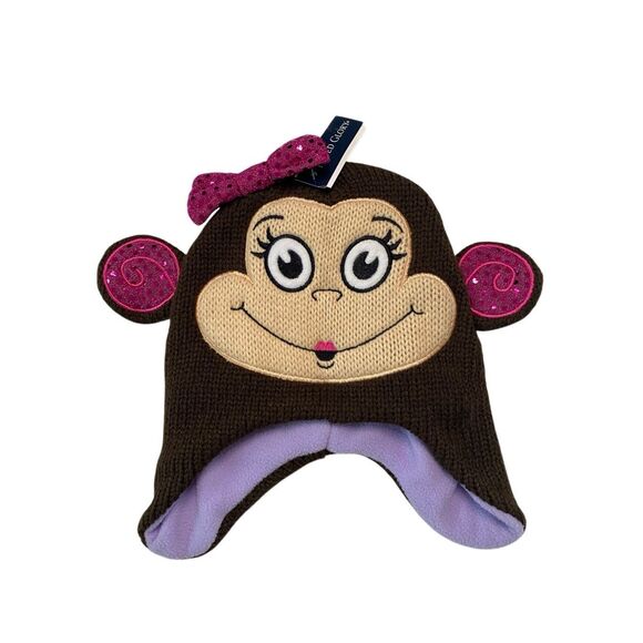 Nwt Faded Glory Knit Monkey Trapper Hat Sequin Girls Animal Jungle Bow Outdoors - Picture 1 of 11